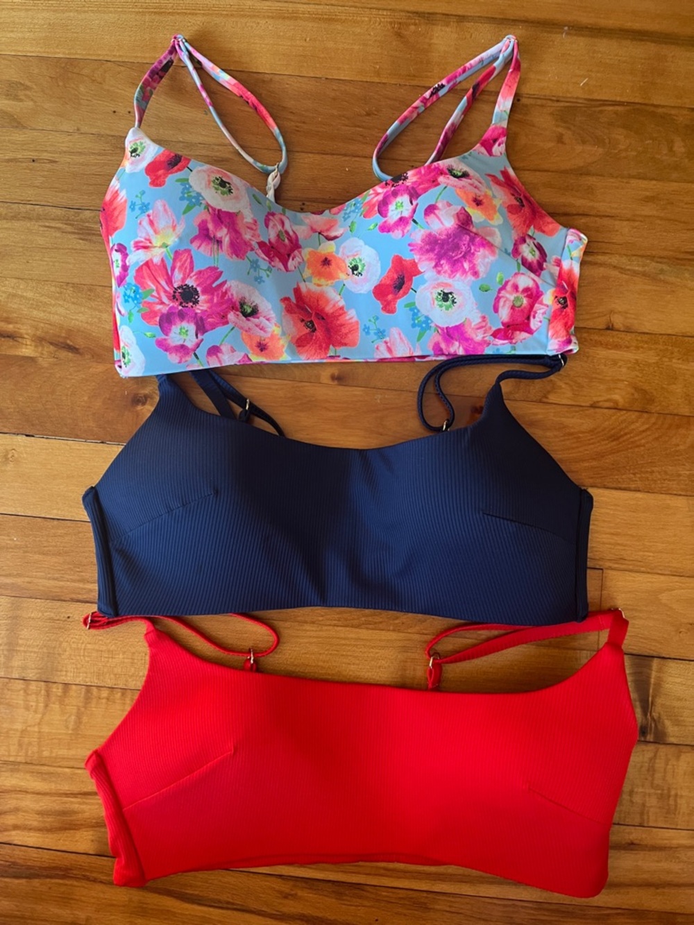 Lot of 3 Victoria’s Secret Blue Floral Red Bralette Swim Adjustable Top Large